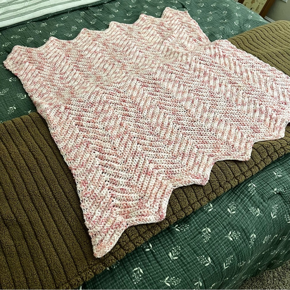 Handmade Crochet Baby Blanket in Pink White Chevron Hand Knit Vintage